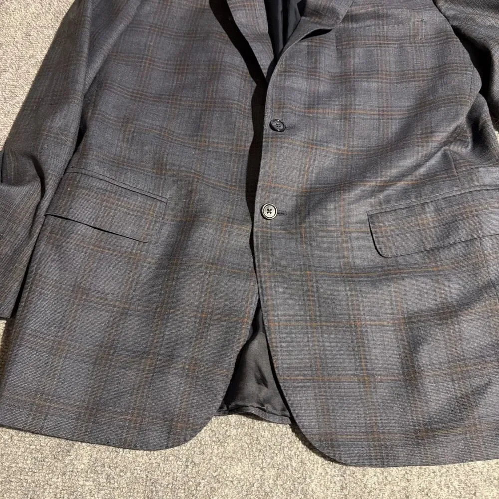 Tom James Executive Collection Blazer Mens 44 Blue Plaid 2 Button Suit Jacket